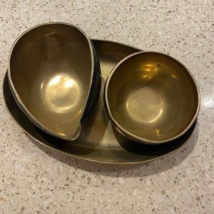 Vintage bronze cream and sugar bowls with tray